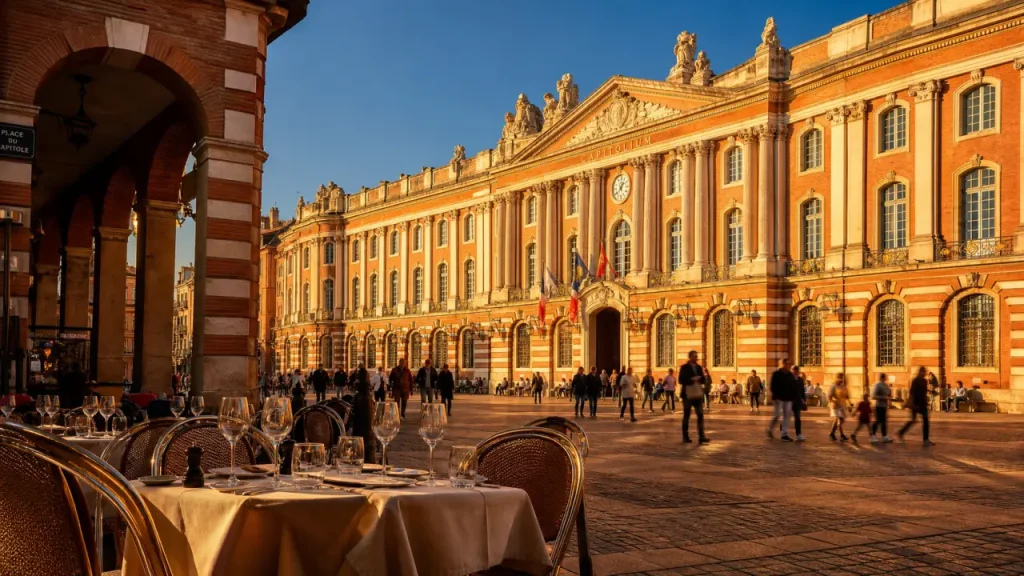 Capitole de Toulouse : activités à découvrir, arcades et façade de l’hôtel de ville au coucher du soleil