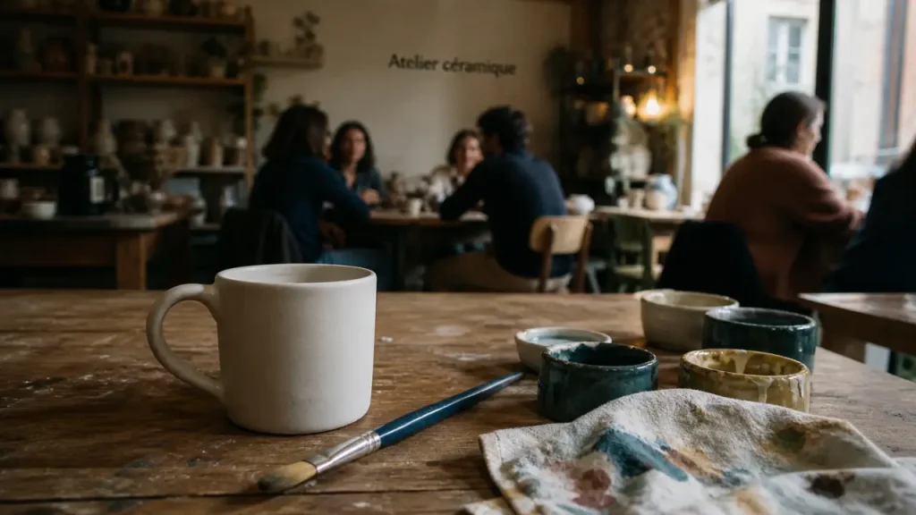 Céramique Toulouse : tasse et pinceaux en café-atelier