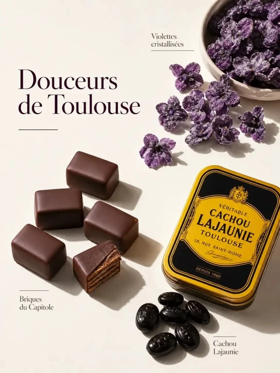 Spécialités toulousaines sucrées avec violettes cristallisées, brique du Capitole et cachou Lajaunie