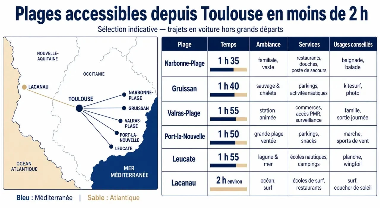 La plage la plus proche de Toulouse : comparatif visuel des plages à moins de 2 heures