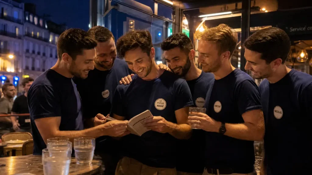 Enterrement de vie de garcon : amis en tee-shirts EVG lors d’un moment complice