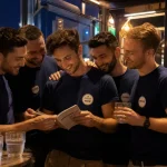 Enterrement de vie de garcon : amis en tee-shirts EVG lors d’un moment complice