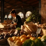 Jour de marché Toulouse : halle couverte à la golden hour, étals de produits frais
