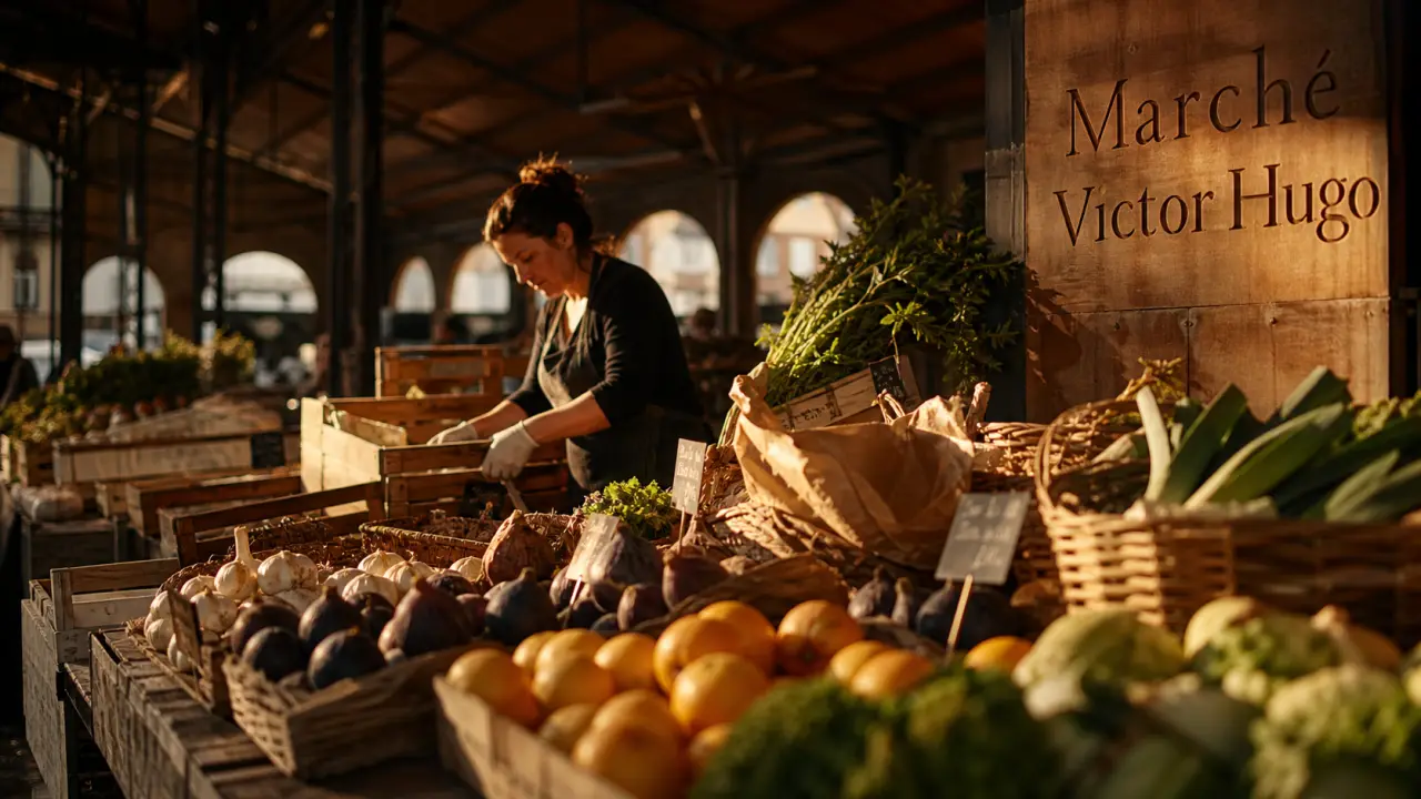 Jour de marché Toulouse : halle couverte à la golden hour, étals de produits frais