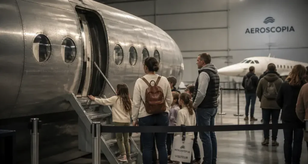 Musée de l'aviation Toulouse : visiteurs devant une cabine d’avion et le nez de Concorde à Aeroscopia
