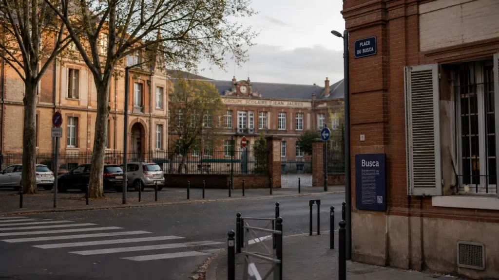 Place du busca à Toulouse, briques et école Jean-Jaurès