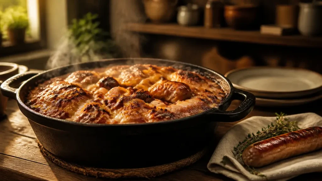 Plat toulousain : cassoulet gratiné avec saucisse de Toulouse
