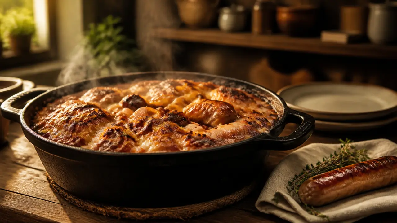 Plat toulousain : cassoulet gratiné avec saucisse de Toulouse