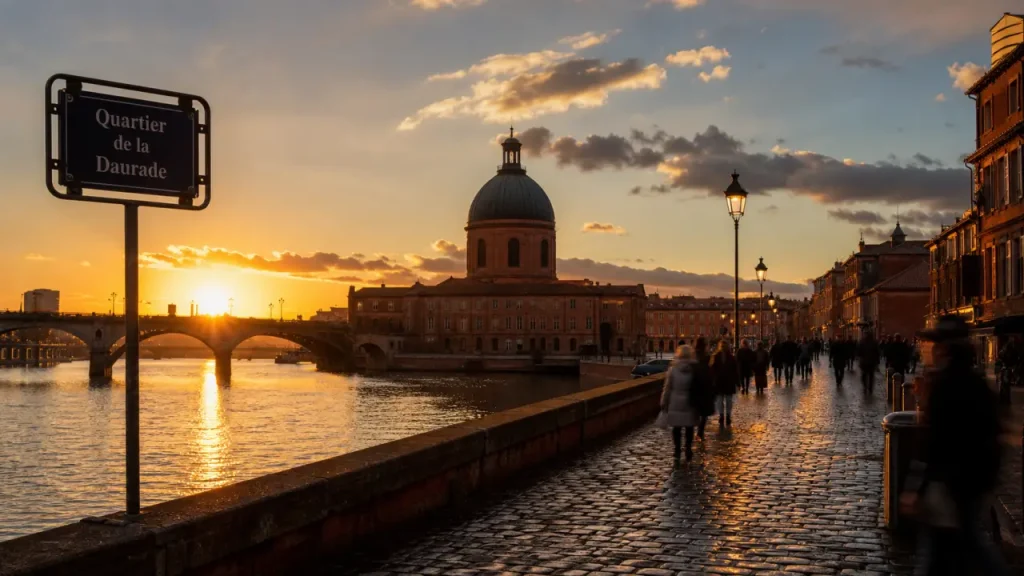 Quartier de la daurade à Toulouse : basilique et quais de Garonne au coucher du soleil
