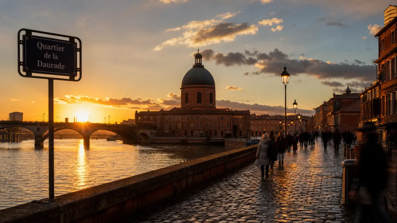 Quartier de la daurade à Toulouse : basilique et quais de Garonne au coucher du soleil