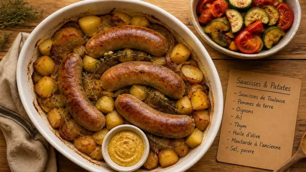 Recette avec saucisse de Toulouse, patates et courgettes au four