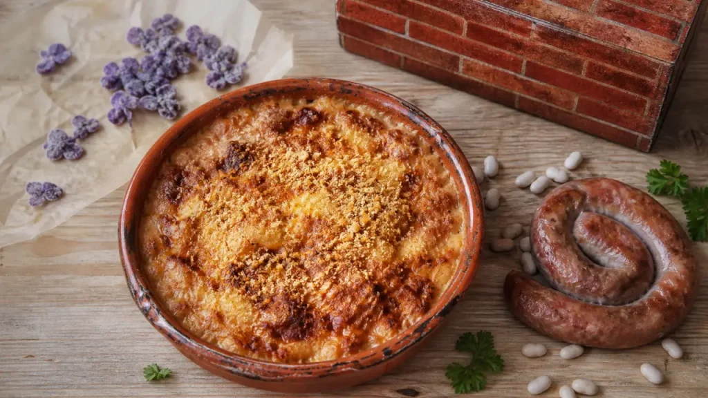Spécialités toulousaine : cassoulet et saucisse de Toulouse avec violette