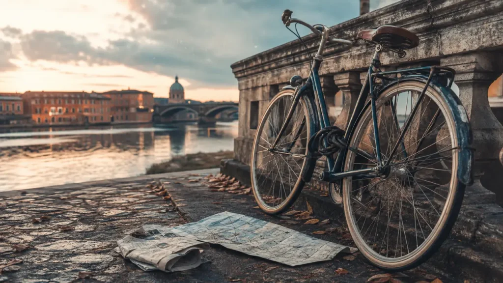 Visiter Toulouse a velo : vélo sur les quais de Garonne, pont au loin