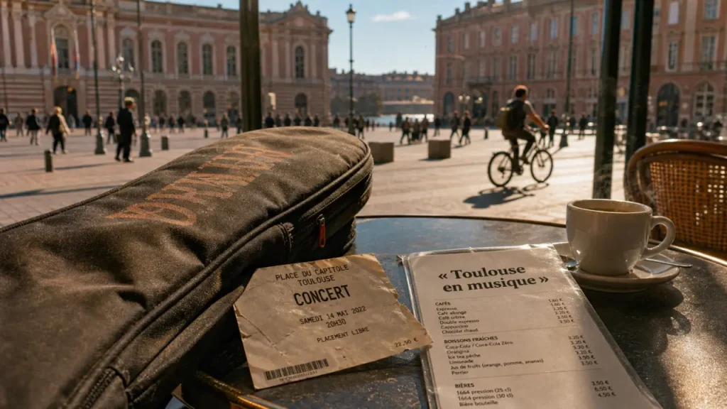 Visiter Toulouse Bigflo et Oli : guitare et ticket devant le Capitole, vue Garonne