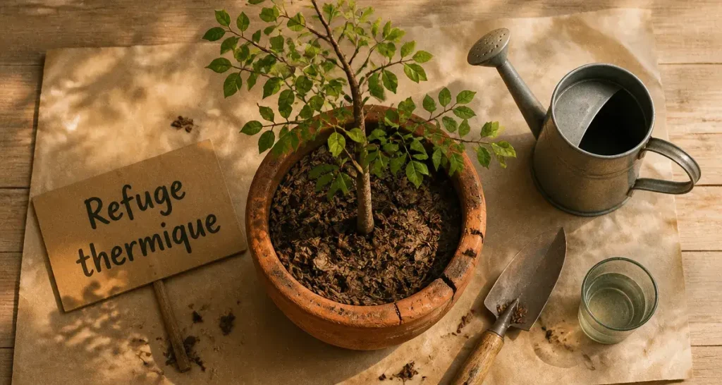 Arbre toulouse en pot, paillage et arrosage pour rafraîchir le jardin