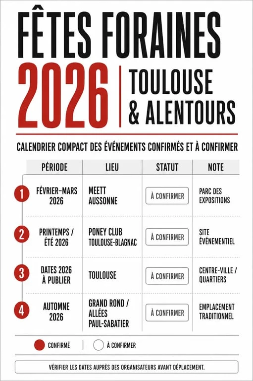 Toulouse fete foraine : calendrier 2026 des événements confirmés et à confirmer autour de Toulouse