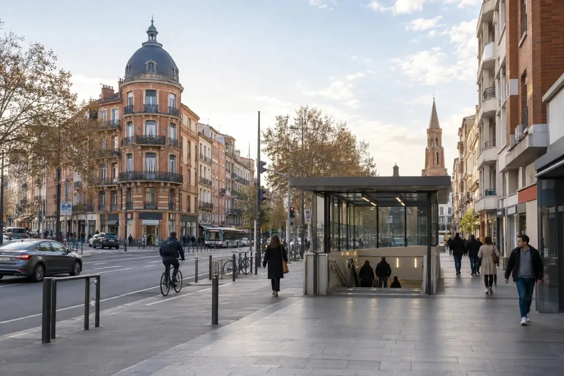 Vue urbaine du secteur Toulouse Barrière de Paris avec la station de métro et les commerces