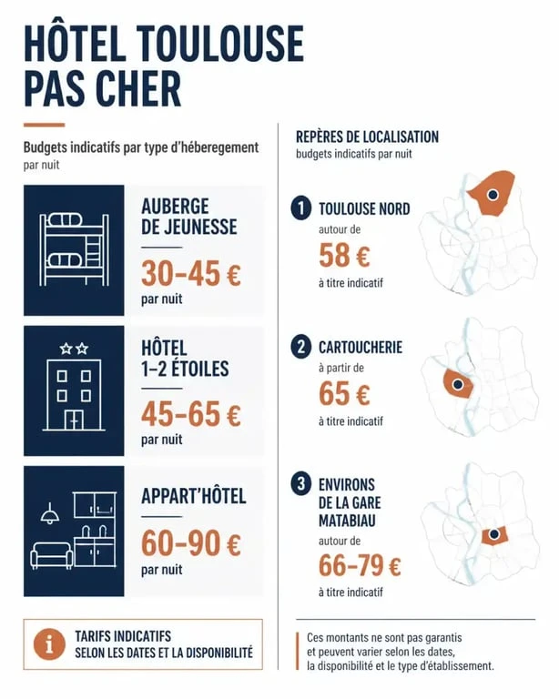 Infographie des budgets et quartiers pour trouver un hôtel Toulouse pas cher