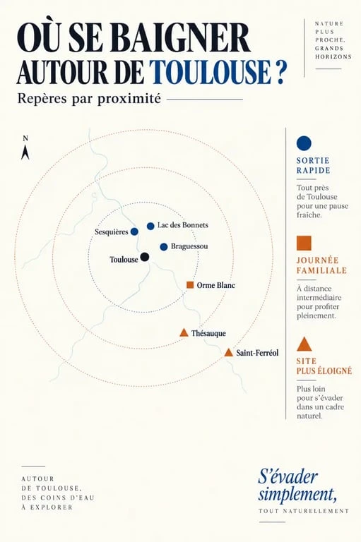Infographie des lieux de baignade en lac autour de Toulouse selon la distance