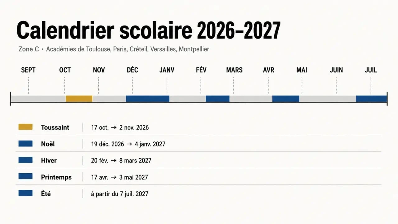Vacance scolaire Toulouse : calendrier visuel des vacances 2026-2027 en zone C