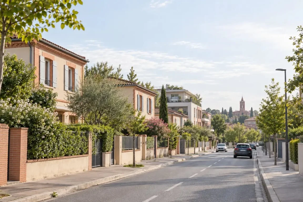 Vue résidentielle du quartier Toulouse Croix-Daurade avec maisons, jardins et immeubles récents