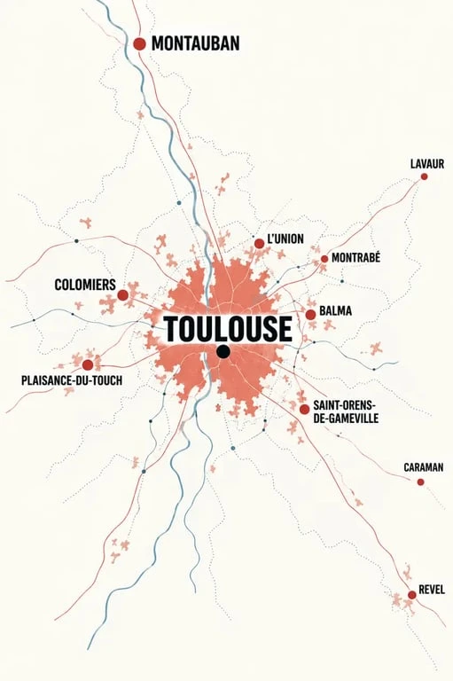 Carte des villes proches de Toulouse et leur position géographique