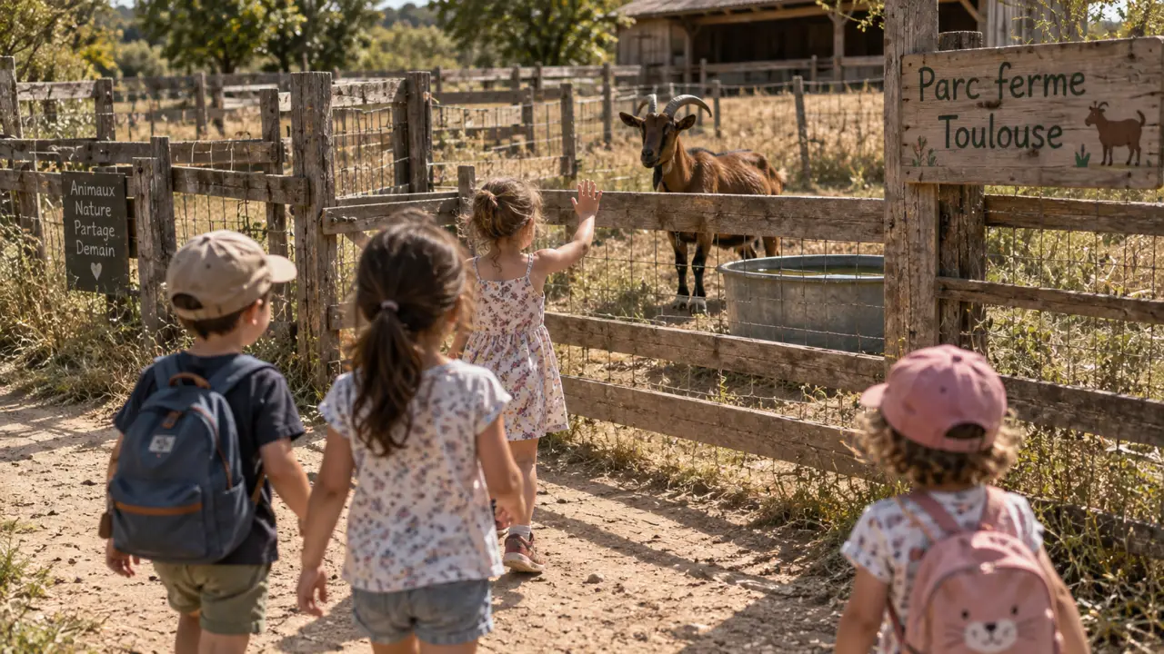 parc ferme toulouse : enfants près des chèvres