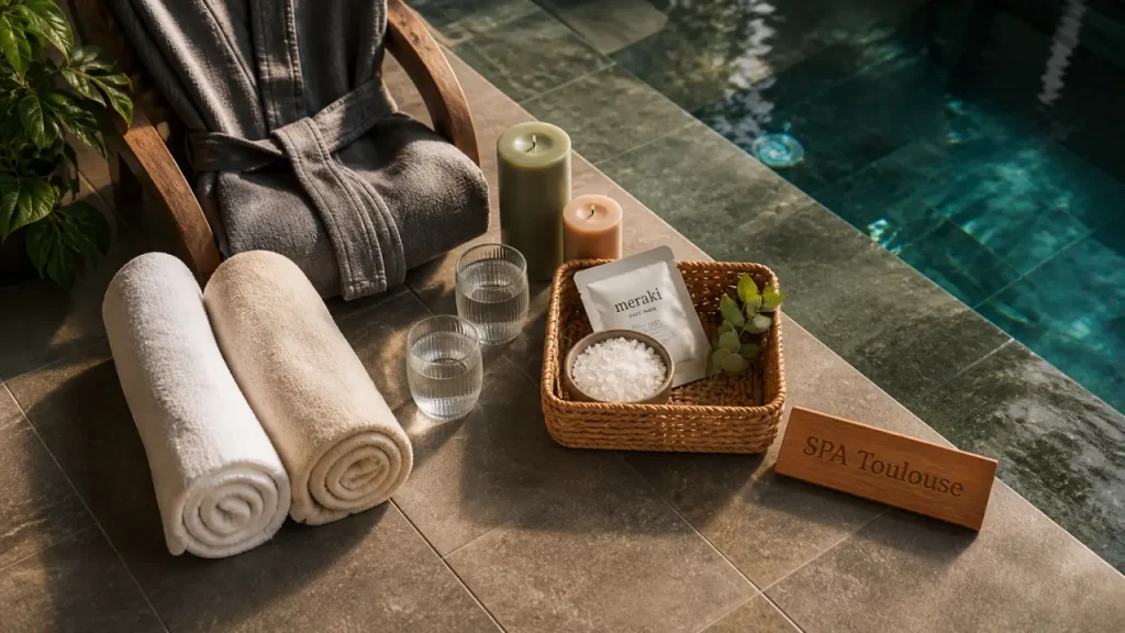 Spa hotel Toulouse : serviettes et bassin turquoise dans un spa moderne près du centre-ville