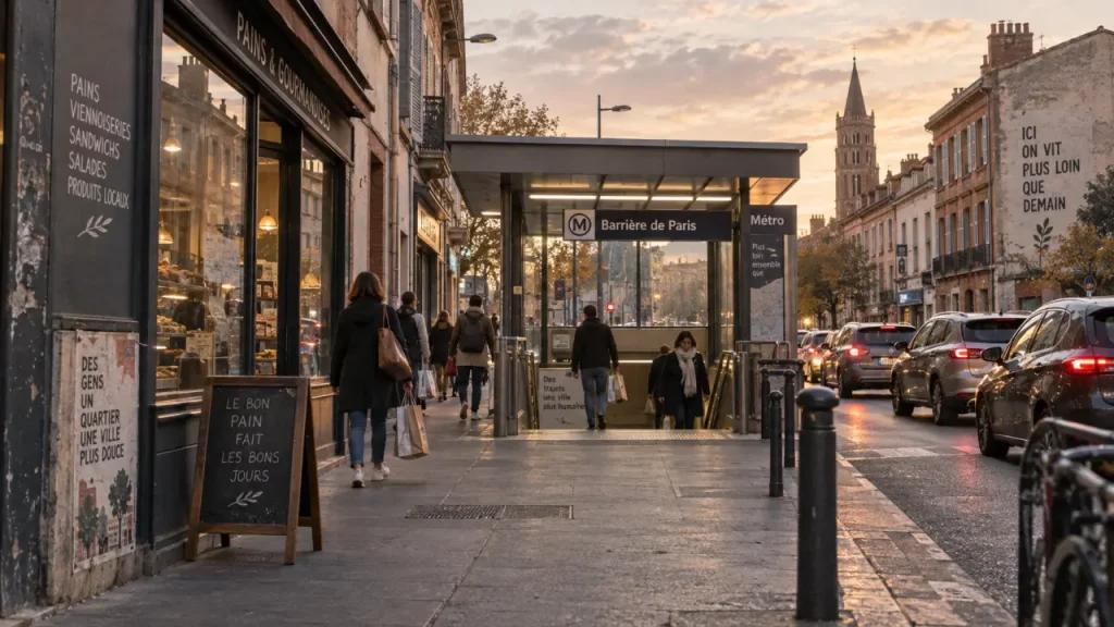 Toulouse barrière de paris : rue commerçante, station de métro et piétons
